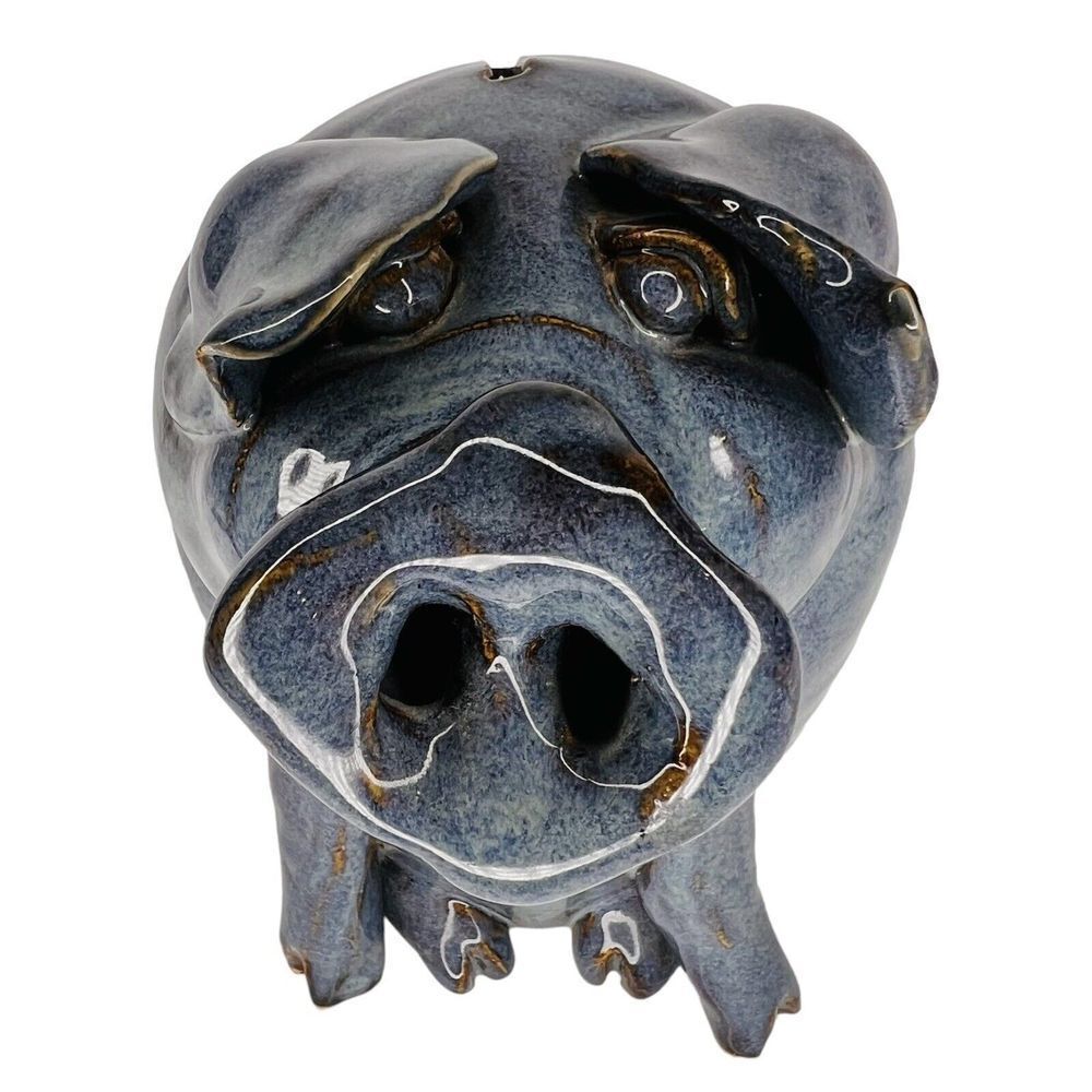 Vntg SMITH Blue Pig Piggy Bank Indigenous Southern Primitive Folk Art Face Jug